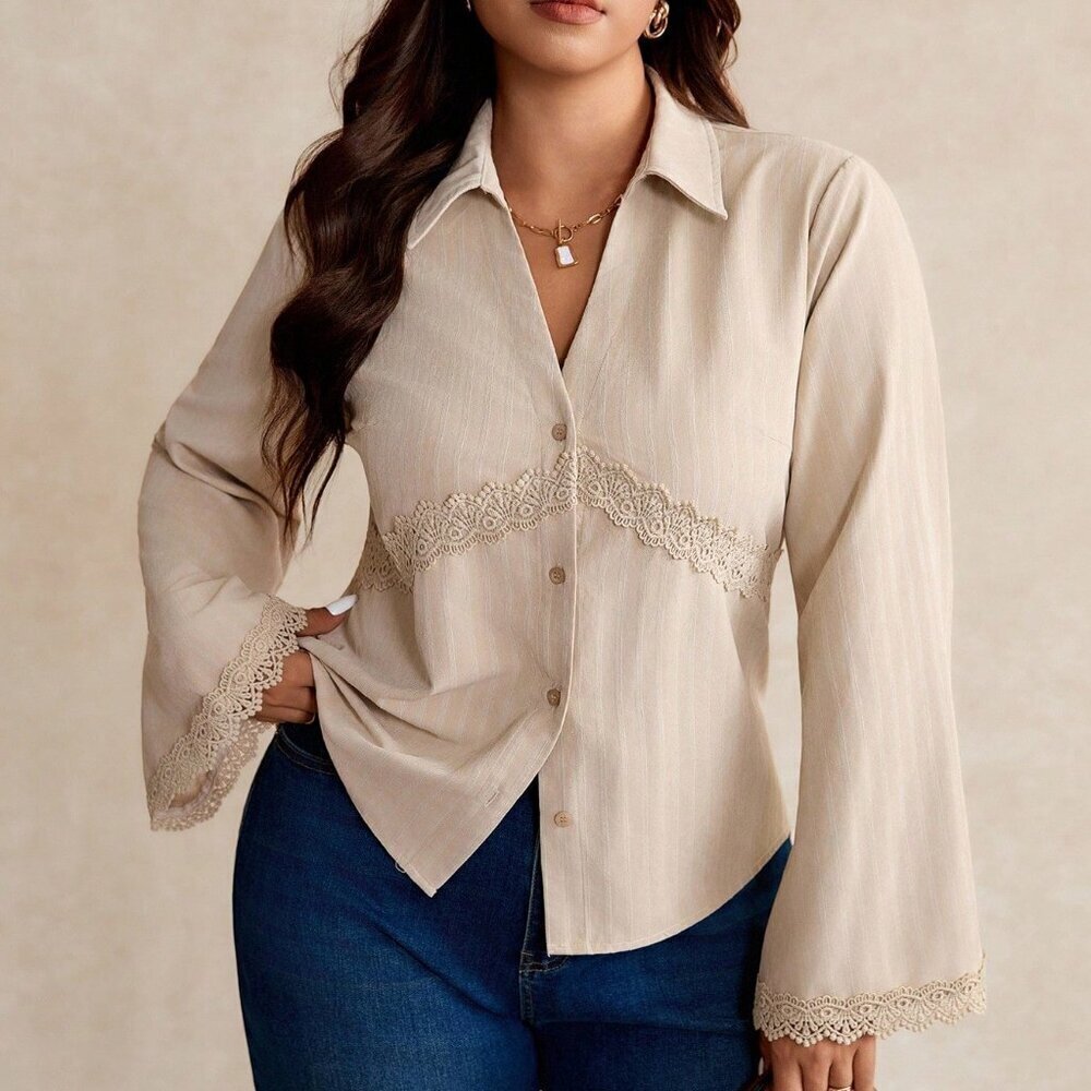 Apricot Women's Casual Plus Size Elegant Lace detailed button down Shirt